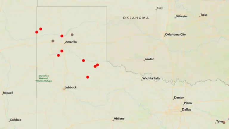 This map shows the location of active wildfires in the Texas Panhandle as of May 15, 2026.