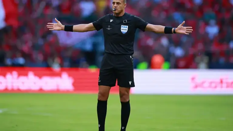 Referee Ismail Elfath gestures during the CONCACAF Champions Cup 2026 final match between Toluca and Tigres UANL at Nemesio Diez Stadium on May 30, 2026 in Toluca, Mexico.