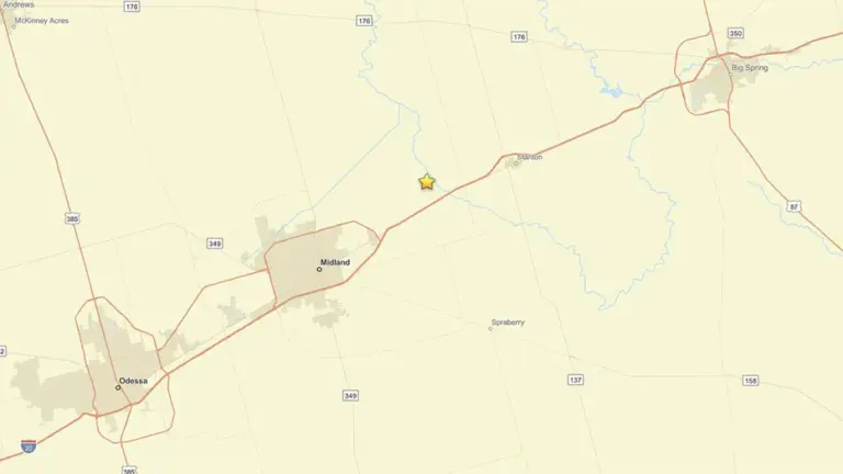 The star on this map indicates the epicenter of an earthquake near Midland, Texas, on June 23, 2026.