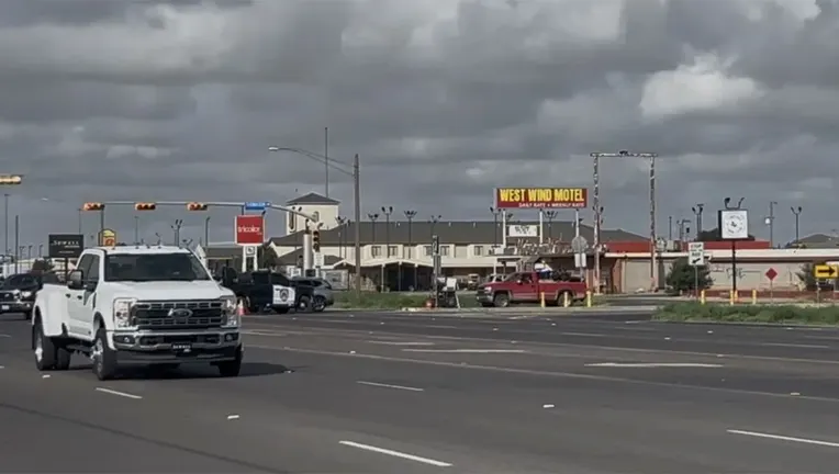 Emergency vehicles block an intersection in Midland, Texas, on June 12, 2026.