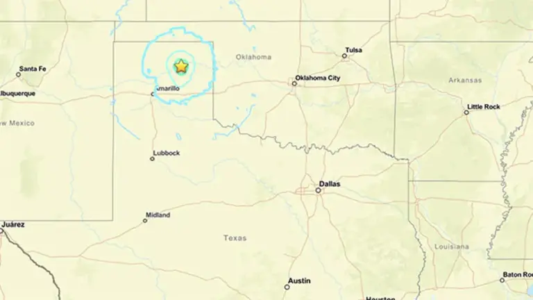 A star indicates the epicenter of an earthquake near Spearman, Texas, on July 23, 2026.
