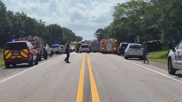 The scene of a prison bus crash in Groesbeck, Texas, on July 1, 2026.