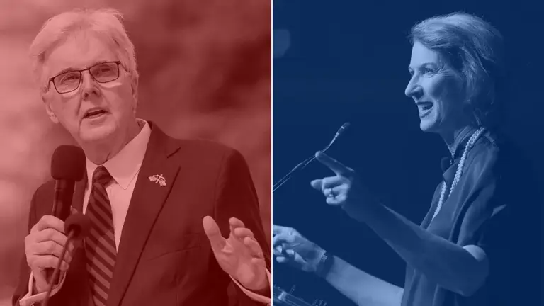 Texas Lt. Gov. Dan Patrick (left) and Democratic candidate state Rep. Vikki Goodwin (right).