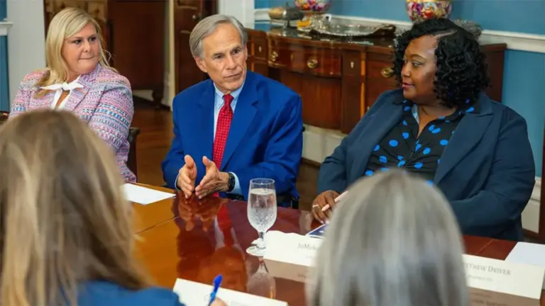 Texas Gov. Greg Abbott speaks during the first meeting of the Texas Classroom Commission on Aug. 10, 2026, at the Governor's Mansion in Austin, Texas.