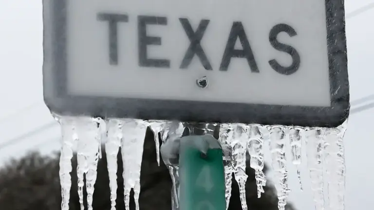 Icicles hang off the State Highway 195 sign on February 18, 2021 in Killeen, Texas.
